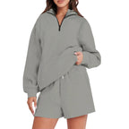 Damen Lässiger Kapuzenpullover mit kurzem Reißverschluss und praktischen Taschen R&B