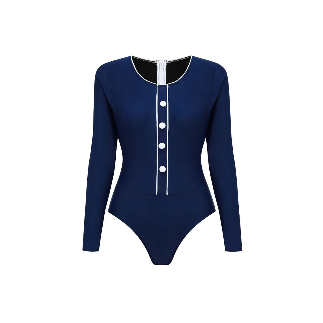 Damen Sportlicher Schwimmanzug mit Langarm und Knopfdetails R&B