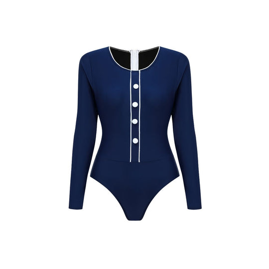 Damen Sportlicher Schwimmanzug mit Langarm und Knopfdetails R&B