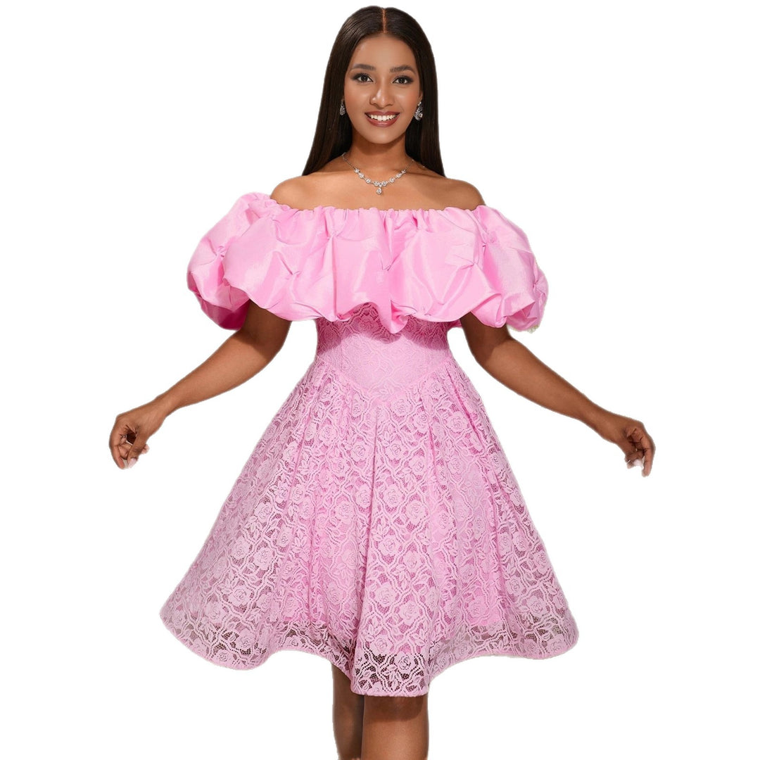 Damen A-Linien Kleid mit floralen Spitzenapplikationen und voluminösen Puffärmeln R&B