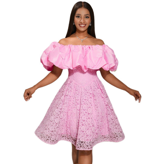 Damen A-Linien Kleid mit floralen Spitzenapplikationen und voluminösen Puffärmeln R&B