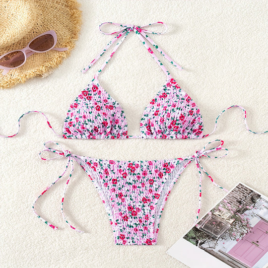 Damen Triangel-Bikini mit floralen Mustern und verstellbaren Bindebändern R&B