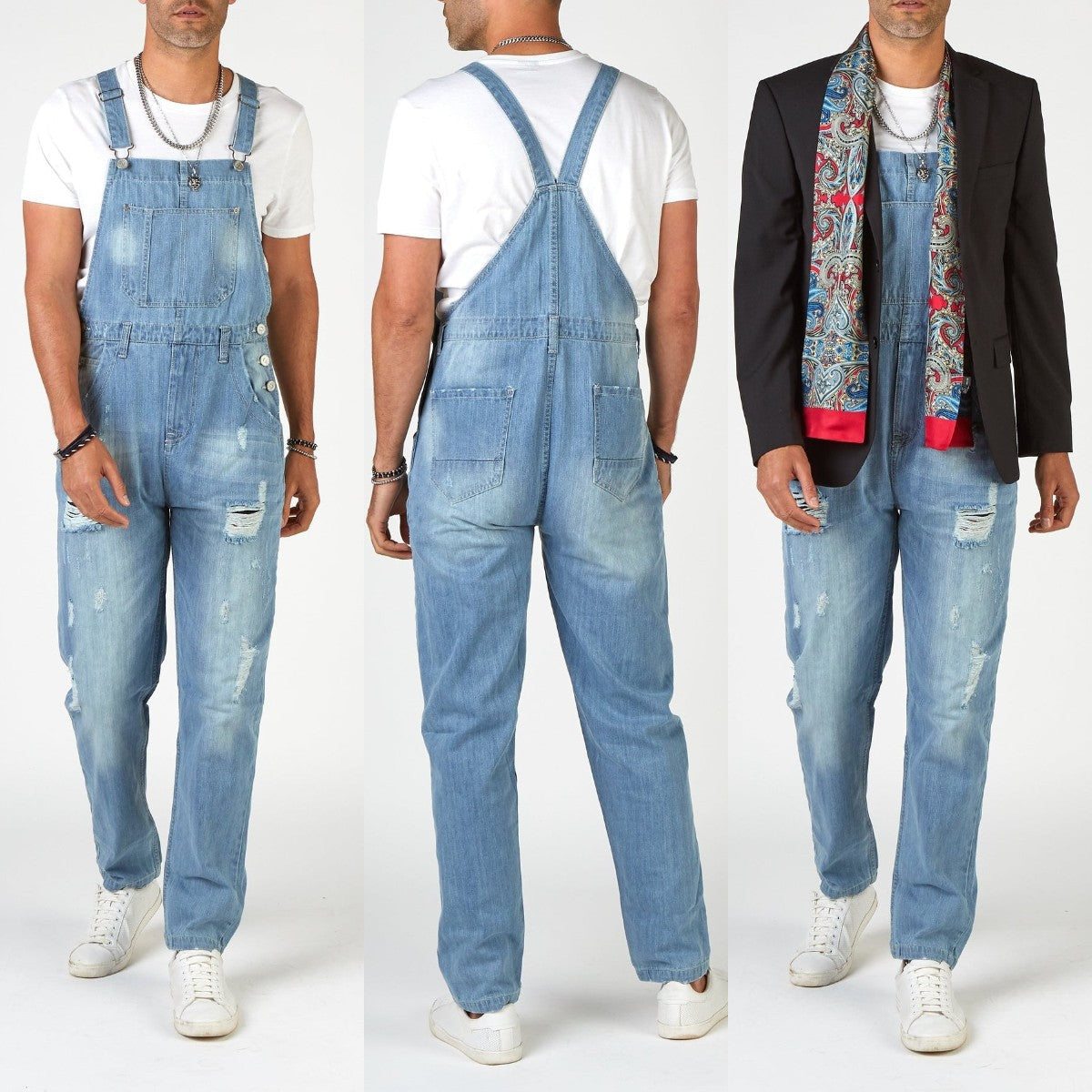 Herren Jeans-Latzhose aus gewaschenem Denim mit Rissdetails