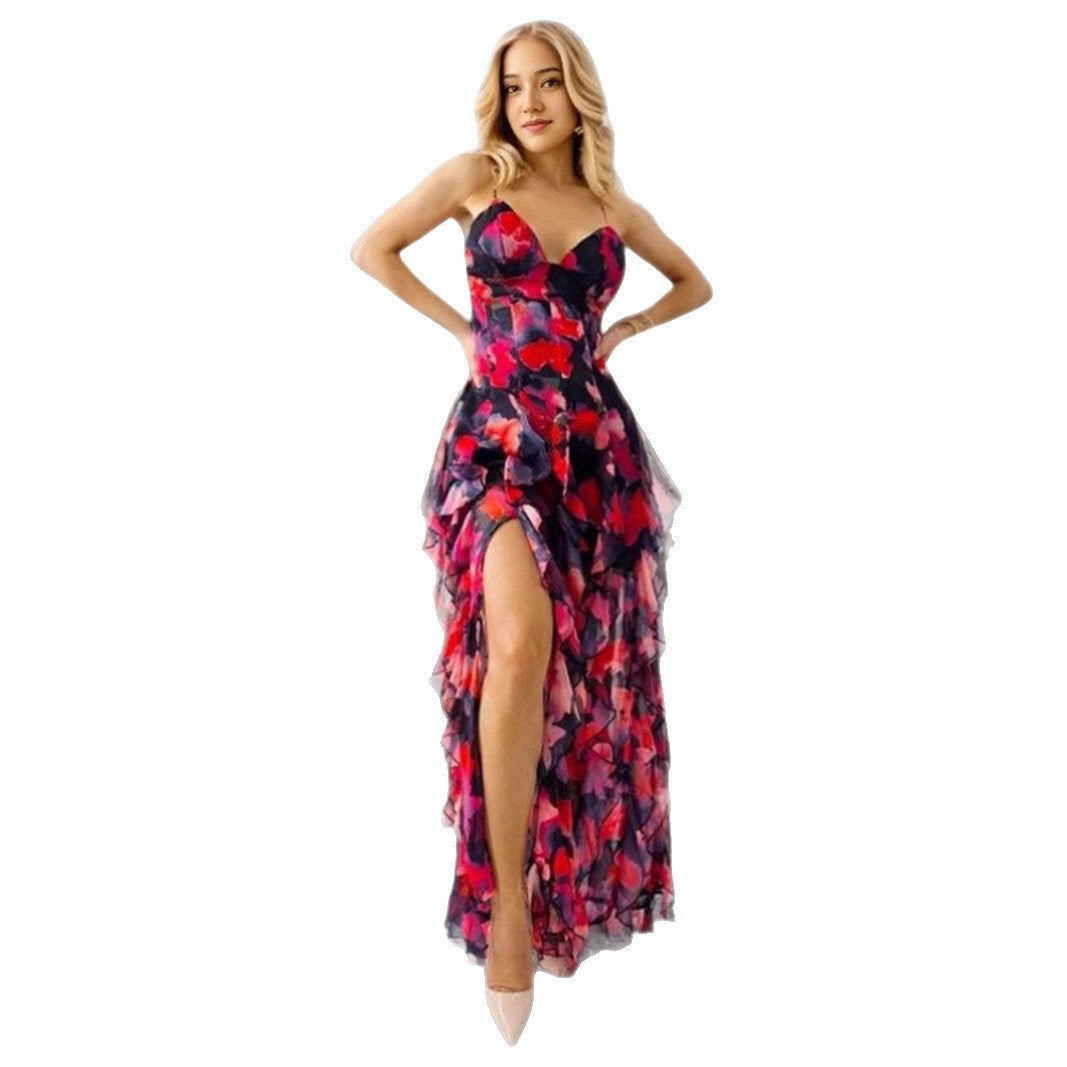 Damen Fließendes Chiffon Maxikleid mit Rüschendetails und floralen Akzenten EB