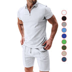 Herren nan sportives Poloshirt- und Chino-Shorts-Set mit halbem Reißverschluss, strukturiertem Jersey und dezenter Bügelfalte R&B