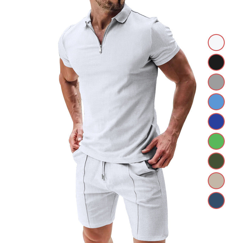 Herren nan sportives Poloshirt- und Chino-Shorts-Set mit halbem Reißverschluss, strukturiertem Jersey und dezenter Bügelfalte R&B
