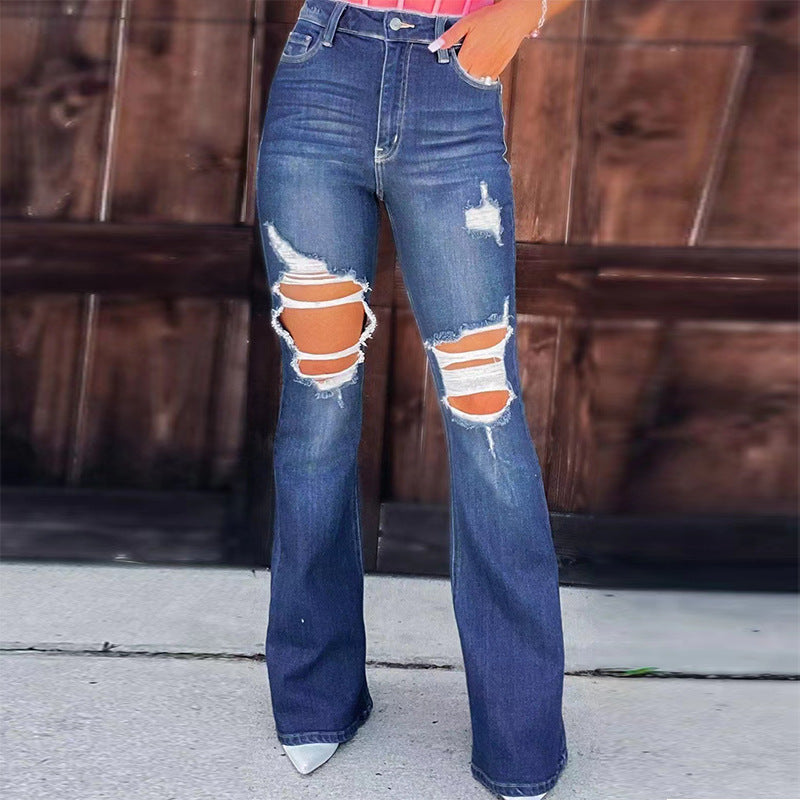 Damen Flared Jeans mit modischen Destroyed-Effekten und hohem Bund R&B