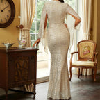Damen Glamouröses Pailletten-Abendkleid mit schwingenden Ärmeln EB