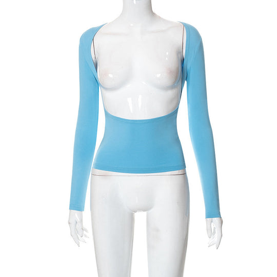 Damen figurbetontes Longsleeve-Oberteil mit offenem Rücken und elegantem Design R&B