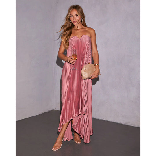 Damen Maxikleid mit plissiertem Oberteil und elegantem V-Ausschnitt R&B