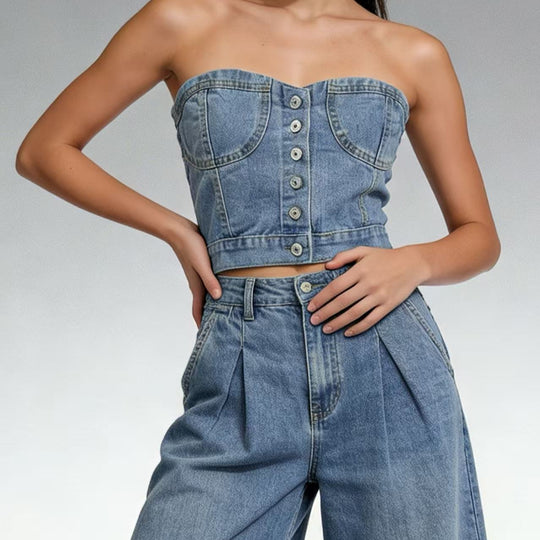 Damen Denim Bustier-Oberteil mit Knopfdetails und tailliertem Schnitt R&B