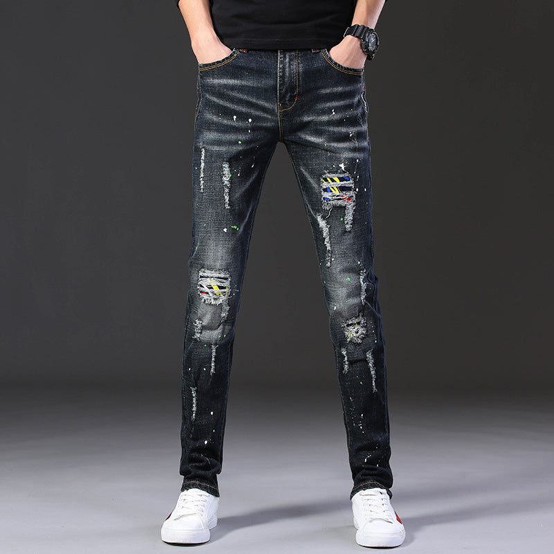 Herren Slim Fit Jeans mit kreativen Rissdesign und Farbklecksen R&B