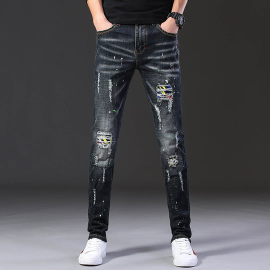 Herren Slim Fit Jeans mit kreativen Rissdesign und Farbklecksen R&B