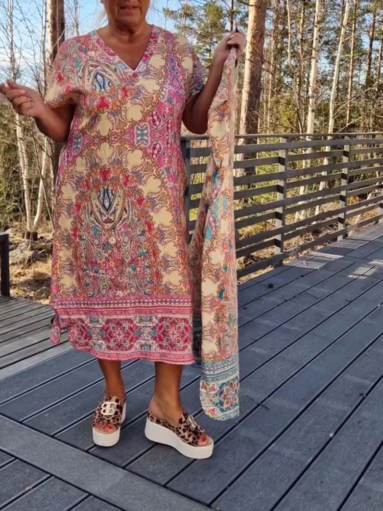 Damen Kaftan-Kleid mit koordiniertem Schal und seitlichen Taschen Heidi-Mode