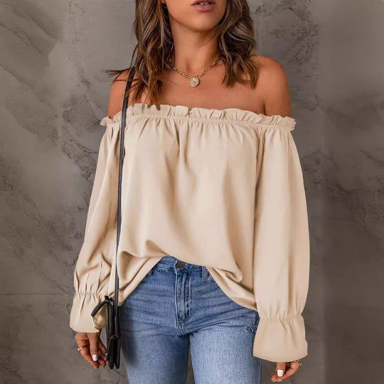 Damen Off-Shoulder Bluse mit Raffungen und weiten Ärmeln R&B