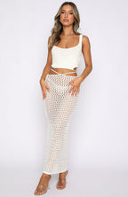 Damen gehäkeltes Crop-Top und Maxirock-Set mit seitlichen Schlitzen und Binde-Details R&B
