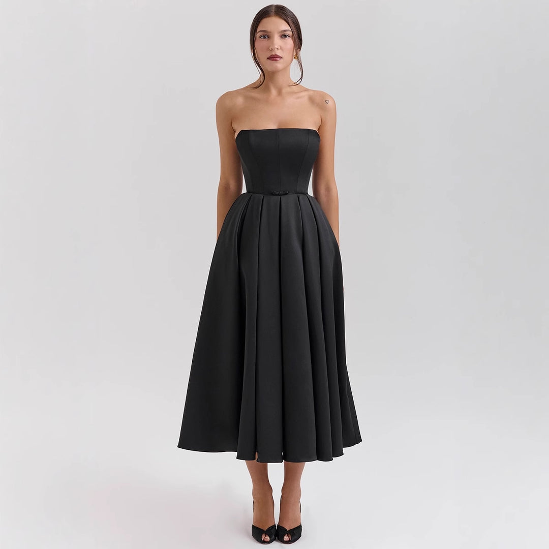 Damen Taillesenkende Midi-Kleid mit schulterfreiem Design und eleganter Faltenstruktur R&B