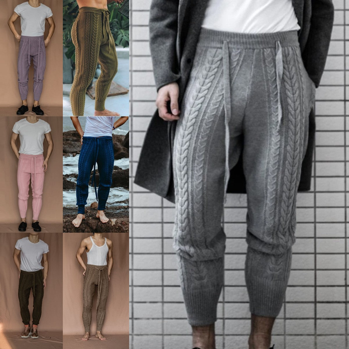 Herren Strickhose mit dezentem Zopfmuster und praktischem Bindegürtel