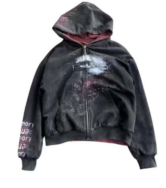 Unisex nan Kapuzenjacke mit durchgehendem Reißverschluss, Used‑Effekt, doppellagiger Kapuze und Ärmeldruck R&B