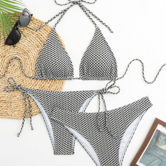 Damen Triangel-Bikini-Set mit verstellbaren Trägern und klassischem Karomuster R&B