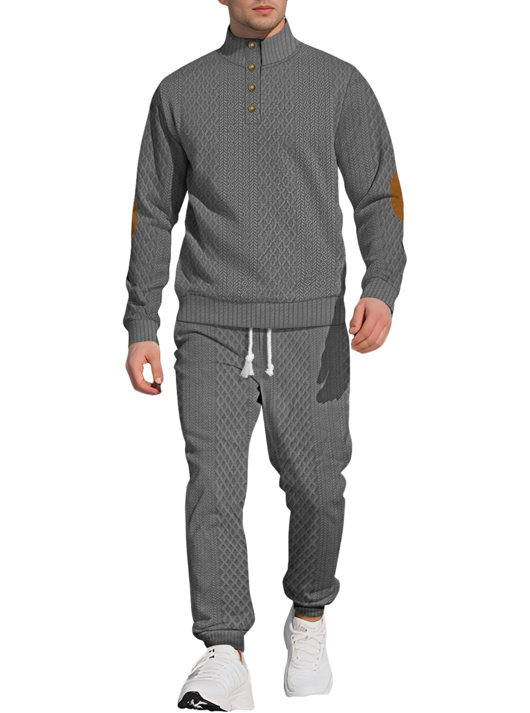 Herren nan strukturiertes Strick-Freizeitset mit Halbknopf-Stehkragen Wildleder-Ellbogenpatches und Kordelbund-Jogger R&B