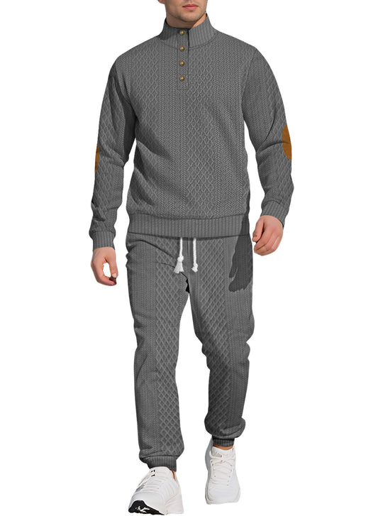 Herren nan strukturiertes Strick-Freizeitset mit Halbknopf-Stehkragen Wildleder-Ellbogenpatches und Kordelbund-Jogger R&B