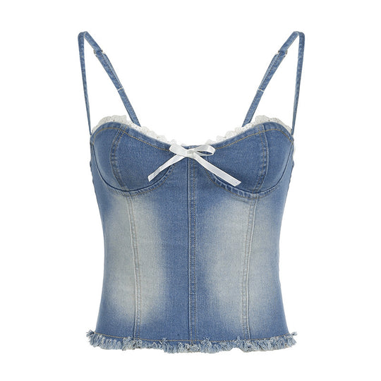 Damen Denim-Crop-Top mit Rüschendetails und zierlichem Schnürverschluss R&B