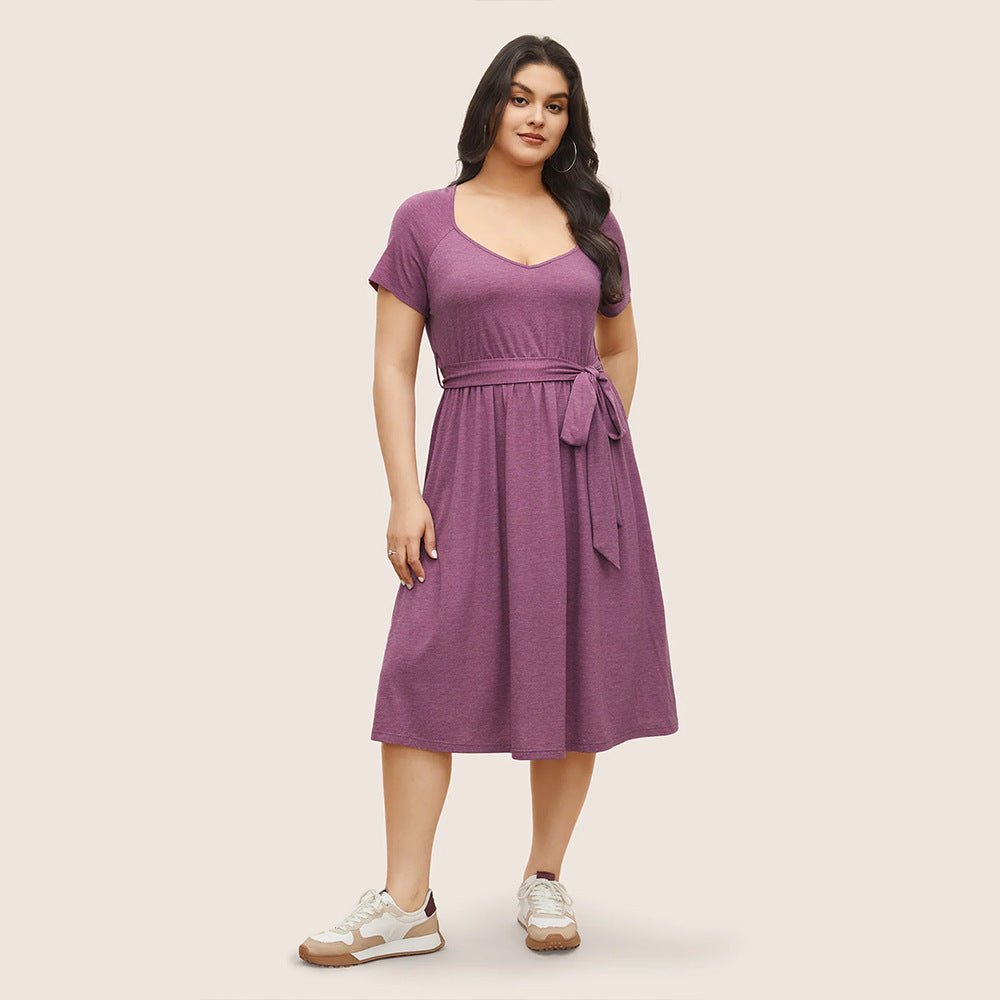 Damen lässiges Maxikleid mit Taillengürtel und V-Ausschnitt R&B