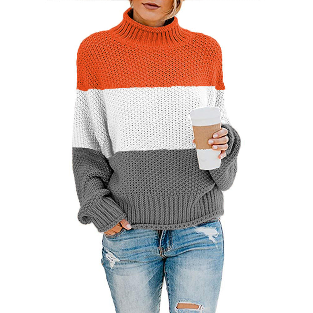 Damen Strickpullover mit hohem Kragen und modischem Farbblockdesign R&B