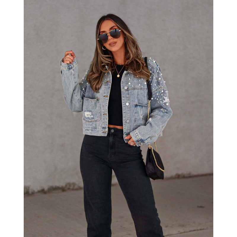 Damen Jeansjacke mit auffälligen Applikationen und oversized Schnitt R&B