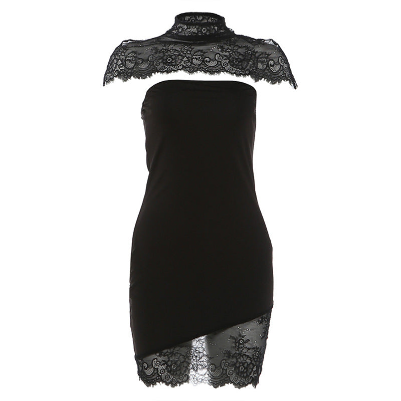 Damen Spitzen Minikleid mit elegantem Stehkragen und gerafften Details R&B