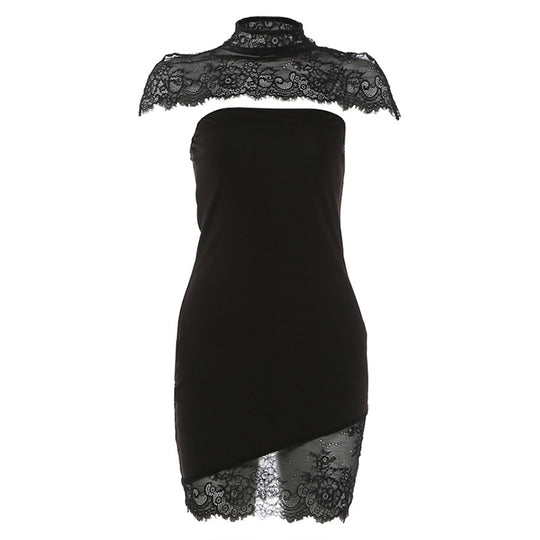 Damen Spitzen Minikleid mit elegantem Stehkragen und gerafften Details R&B
