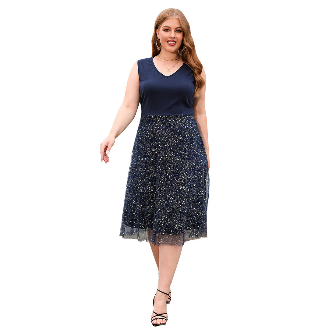 Damen Elegantes Skaterkleid mit modischem V-Ausschnitt und glitzerndem Tüll R&B