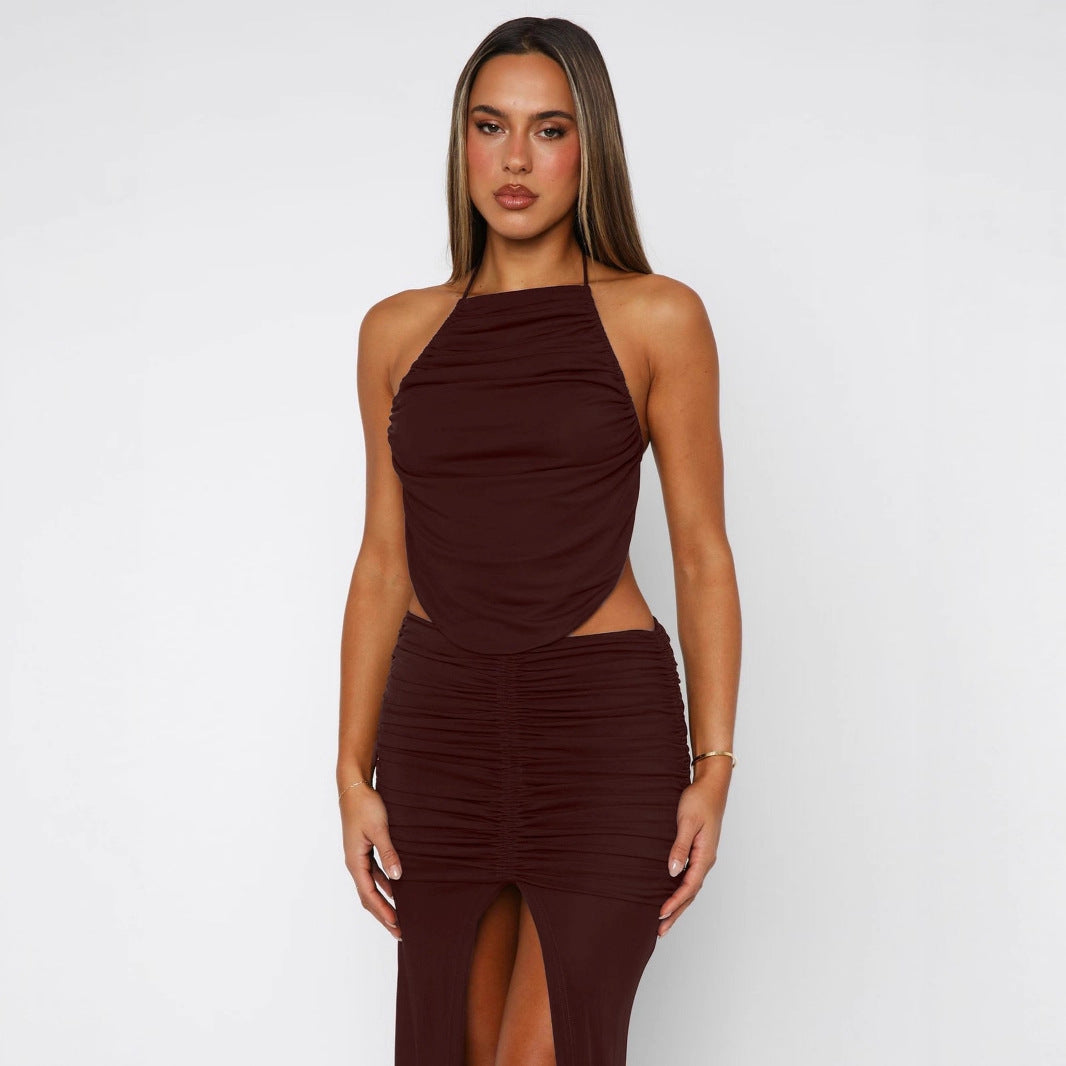Damen Elegantes Maxikleid mit asymmetrischem Halterhals und ausgefallenem Schlitz R&B