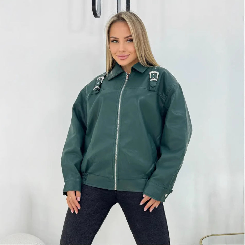 Damen modische Kunstlederjacke im lässigen Stil mit dekorativen Details R&B