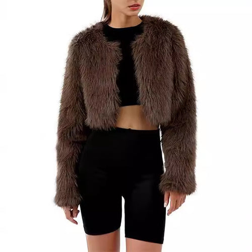 Damen Kurze glamouröse Kunstfelljacke mit lockeren Ärmeln R&B