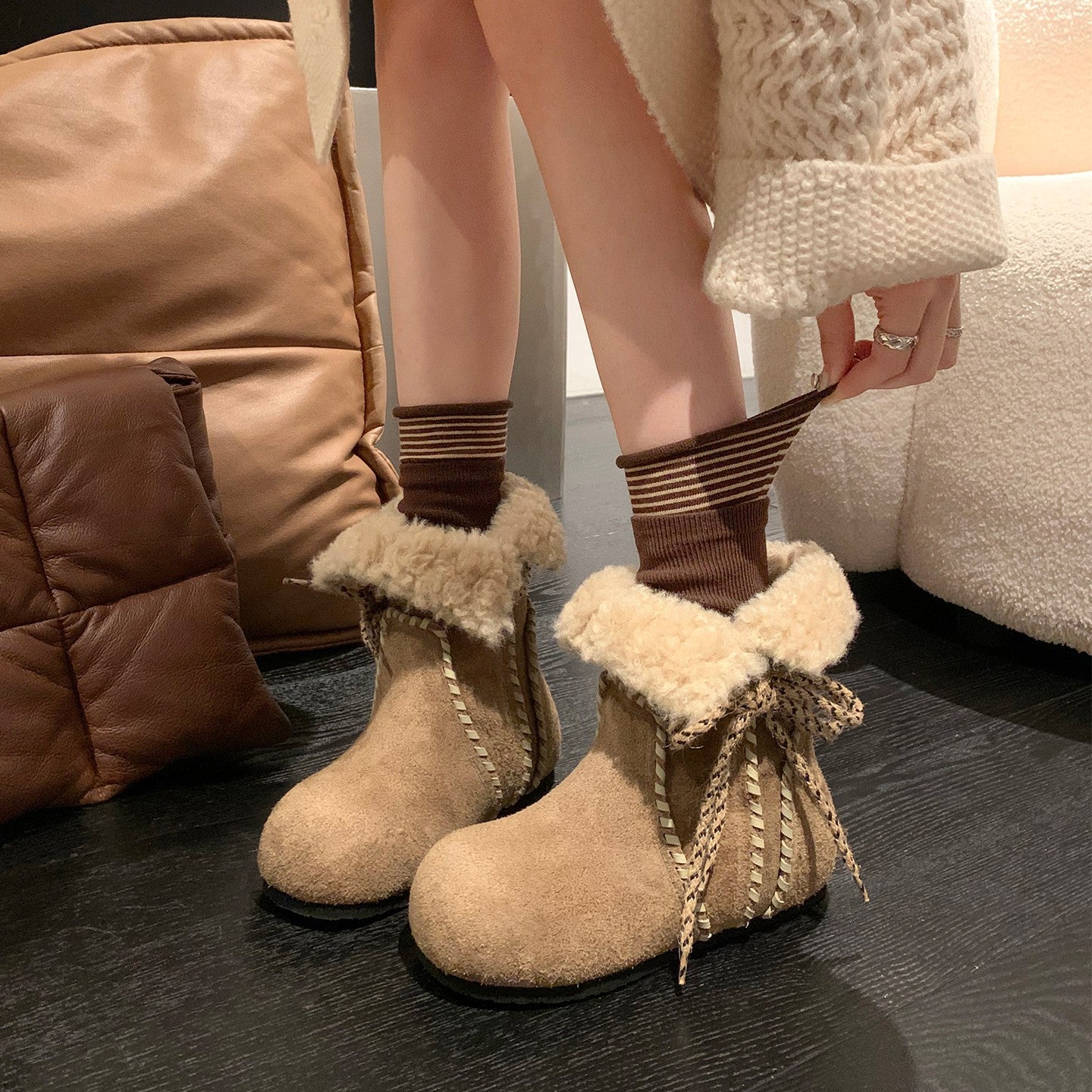 Damen Kuschelige Winterstiefel mit weichem Futter und modischer Schnürung R&B