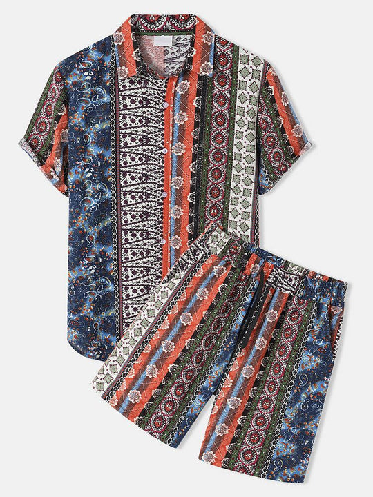 Damen kurzärmliges Ferienhemd mit buntem Muster und bequemen Shorts R&B