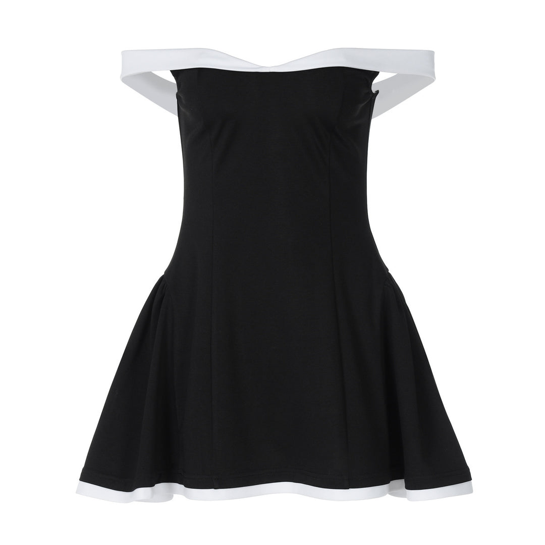 Damen Off-Shoulder Mini-Kleid mit voluminösem Rock und kontrastierenden Säumen R&B