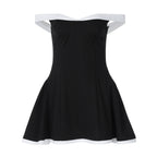 Damen Off-Shoulder Mini-Kleid mit voluminösem Rock und kontrastierenden Säumen R&B