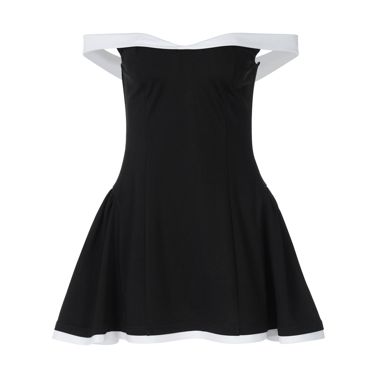 Damen Off-Shoulder Mini-Kleid mit voluminösem Rock und kontrastierenden Säumen R&B