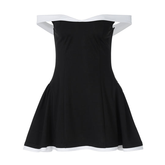 Damen Off-Shoulder Mini-Kleid mit voluminösem Rock und kontrastierenden Säumen R&B