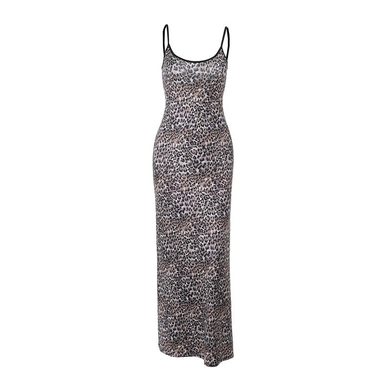 Damen elegantes Maxikleid mit tierischem Muster und schmalen Trägern R&B