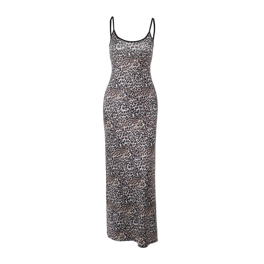 Damen elegantes Maxikleid mit tierischem Muster und schmalen Trägern R&B