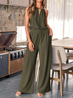 Damen luftiger Jumpsuit mit breitem Bein und eleganter Halsöffnung R&B