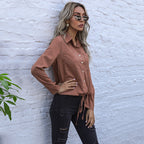 Damen Elegante Bluse mit Krawattenverschluss und Brusttaschen R&B