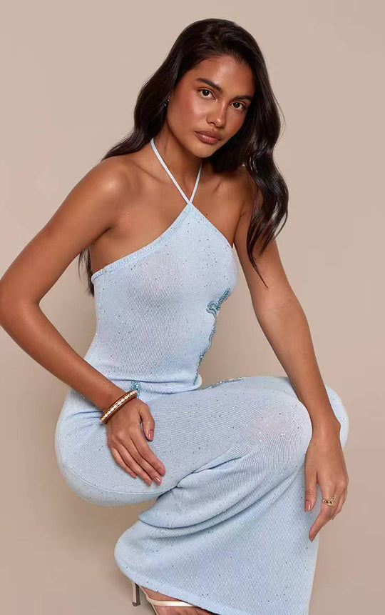 Damen elegantes Maxikleid mit schimmerndem Strickmuster R&B