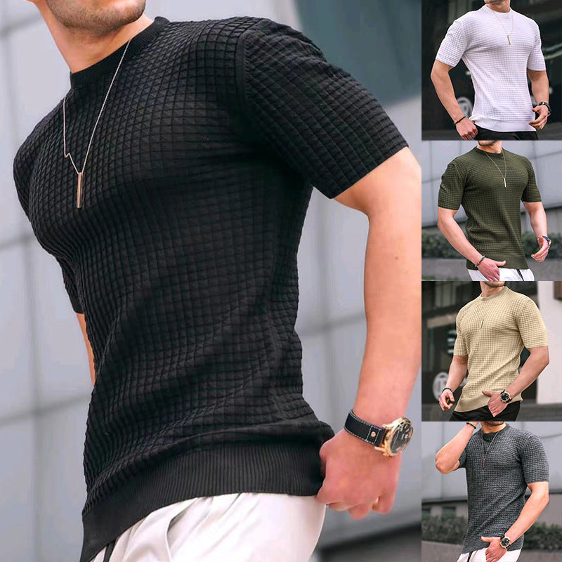 Herren nan Waffelstruktur-Kurzarm-Strickshirt mit schmaler Passform und elastischem Rippsaum R&B