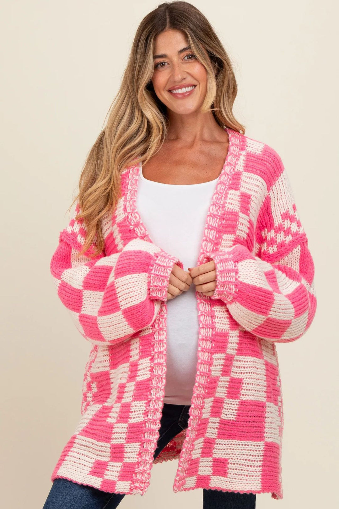 Damen lässiger Strickcardigan mit Karomuster und oversized Schnitt R&B
