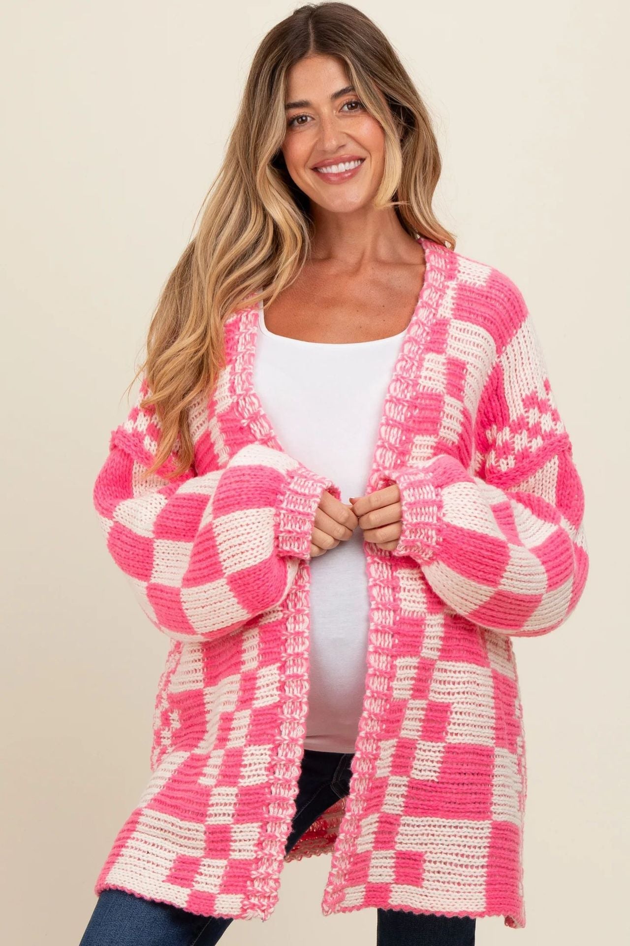 Damen lässiger Strickcardigan mit Karomuster und oversized Schnitt